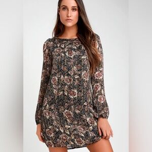 Lulus Ashford Black Floral Print Long Sleeve Shift Dress - S